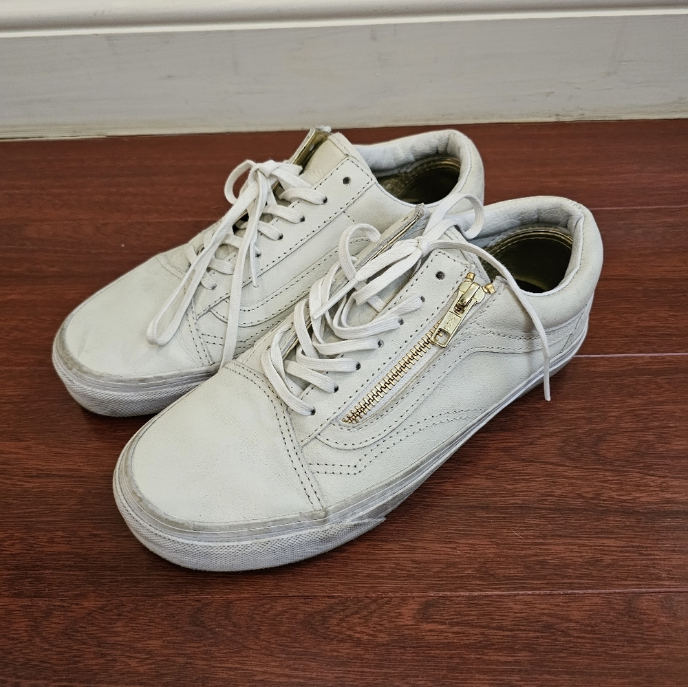 Vans Off White Leather Old Skool Zip Side Low Top Sneakers Mens 5.5 /Womens 7